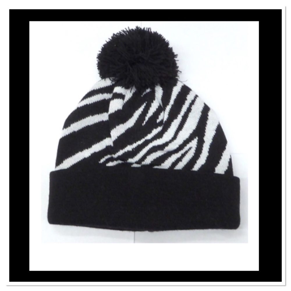 Black Zebra Pom Pom Beanie